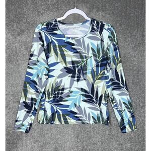 Hang Ten UV Protection UPF 50 Leaf Print Top Women Size Large Blue Green Stretch